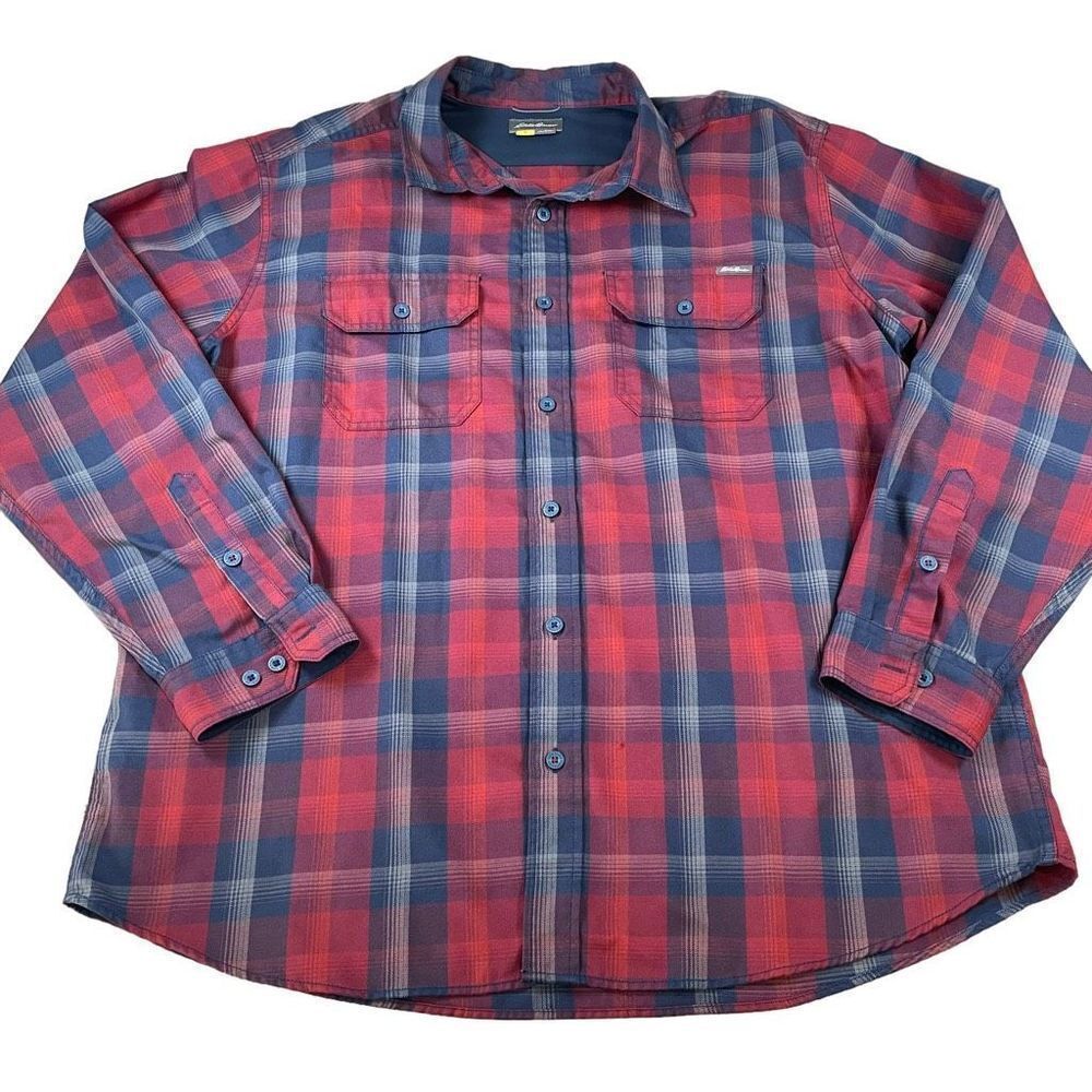 Eddie Bauer Mens Red Blue Plaid Button Down Long‎ Sleeve Shirt 2XL Outdoors
